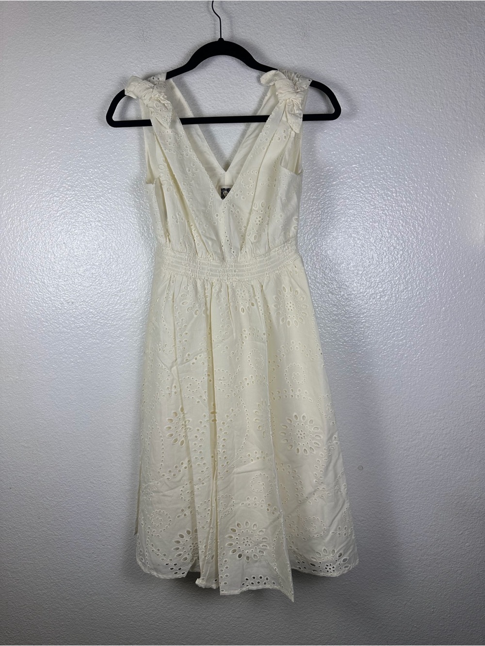 Anne Klein Women's Eyelet Pearl White Smocked Bow V-Neck A-Line Dress 4P